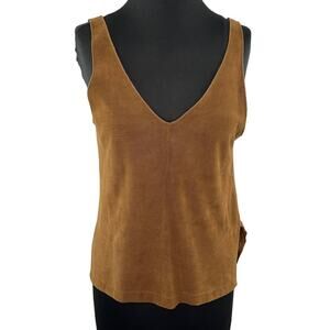 Majestic Filatures Brown Double V Leather Front & Linen Tank Top V-Neck 1 S